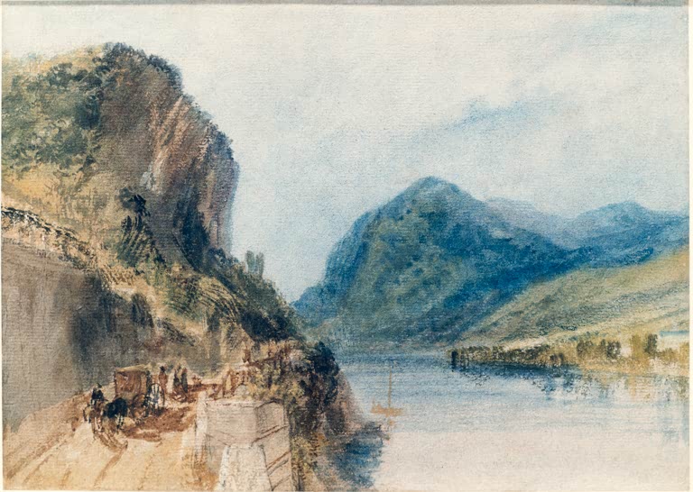 William Turner Der Drachenfels Kunstkopie, bewachsener Felshang mit Kutsche an der Straße und blaue Berge am Rhein