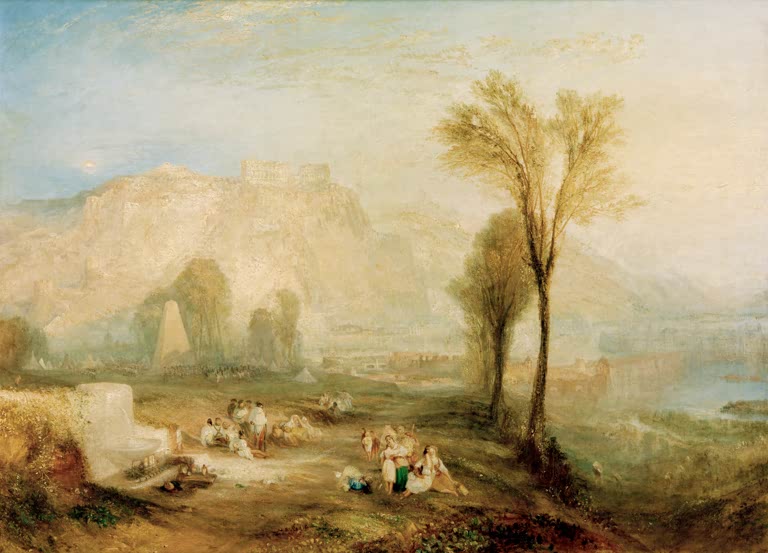 William Turner Der Ehrenbreitstein und Marceaus Grab Kunstkopie, Gemälde mit Festung, Pyramide und Rastenden im Sonnenlicht