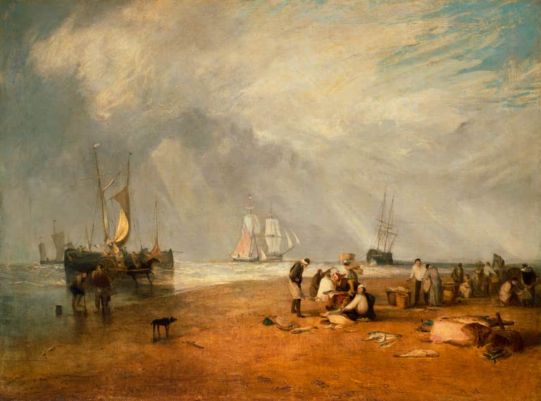 William Turner Der Fischmarkt bei Hastings Beach Kunstkopie, Fischer und Händler am Strand vor Segelschiffen und Wolken