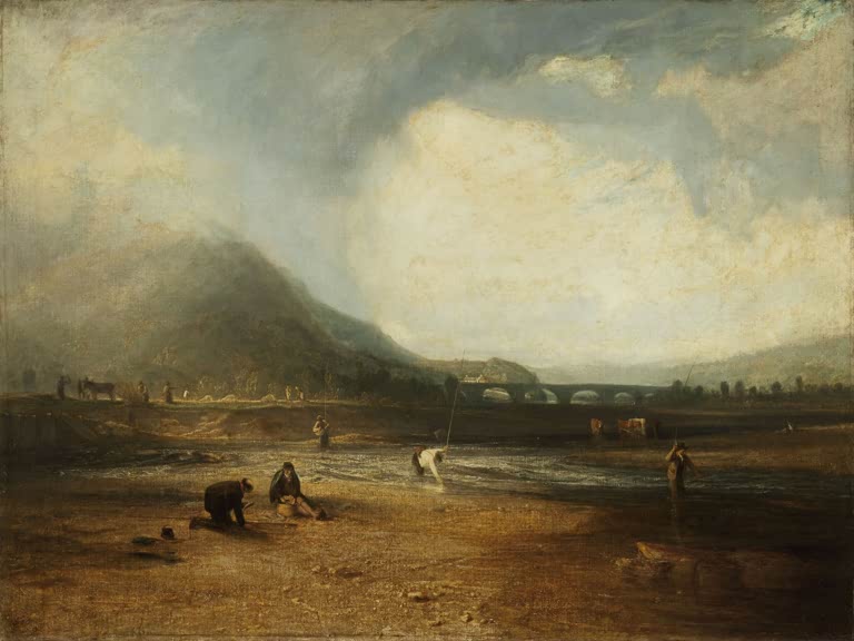 William Turner Der Forellenbach Kunstkopie, Angler an einem flachen Fluss unter hohem Wolkenhimmel mit Bergen und Brücke