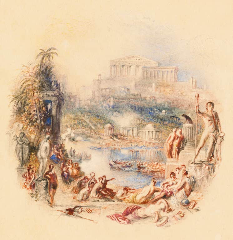 William Turner Der Garten Kunstkopie, Illustration mit Tempel, Statuen, Wasserbecken und lagernden Figuren in warmen Farben