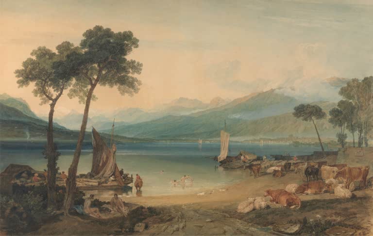 William Turner Der Genfer See und der Montblanc Kunstkopie, Pinien, Segelboote und badende Figuren vor Bergen