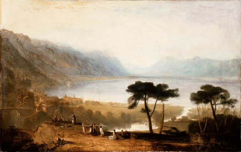 William Turner Der Genfer See von Montreux Kunstkopie, tanzende Gruppe unter Pinien über dem See und den fernen Alpen