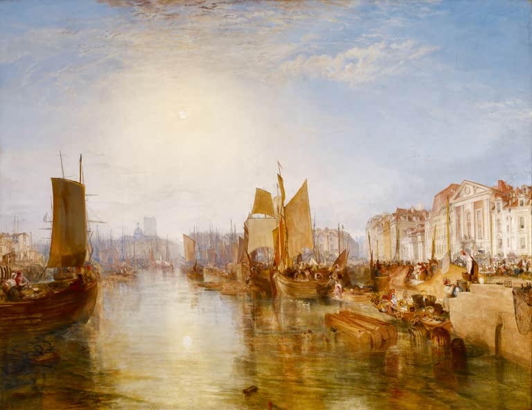 William Turner Der Hafen von Dieppe Kunstkopie, Segelboote im gleißenden Sonnenlicht und belebter Kai mit Häusern