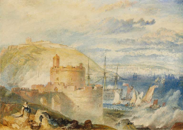 William Turner Der Hafen von Falmouth Kunstkopie, runde Festung am Hang mit Segelbooten und Fischerin im Vordergrund