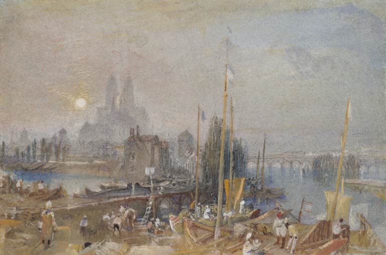 William Turner Der Kanal von Loire und Cher bei Tours Kunstkopie, Boote am Ufer, Mond über Kathedrale, Sonne im Dunst