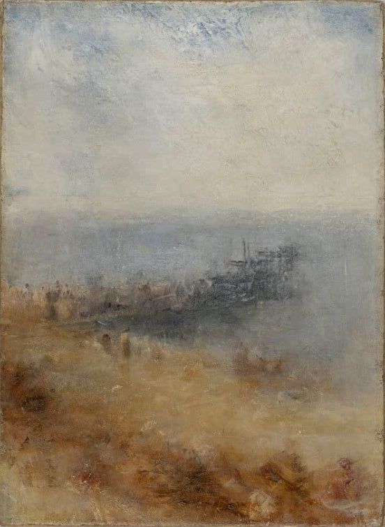 William Turner Der Landungssteg von Margate Kunstkopie, Menschen am sandigen Ufer vor einem dunklen Steg im blaugrauen Dunst