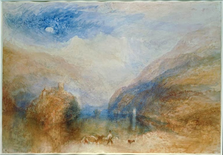 William Turner Der Lauerzer See mit den Mythen Kunstkopie, Mond über blauem Seetal, Burghügel und Hirt mit Herde