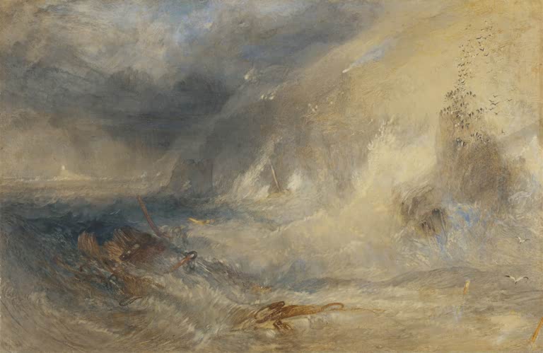 William Turner Der Leuchtturm Longships bei Land's End Kunstkopie, tosende Brandung und Treibgut unter Sturmhimmel
