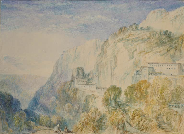 William Turner Der Libanon und das Kloster St. Antonio Kunstkopie, helle Felswand mit Klostergebäuden und Bäumen