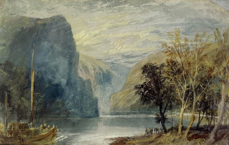 William Turner Der Loreleyfelsen Kunstkopie, steile blaue Felswand am Rhein mit Segelboot und Bäumen im Abendlicht