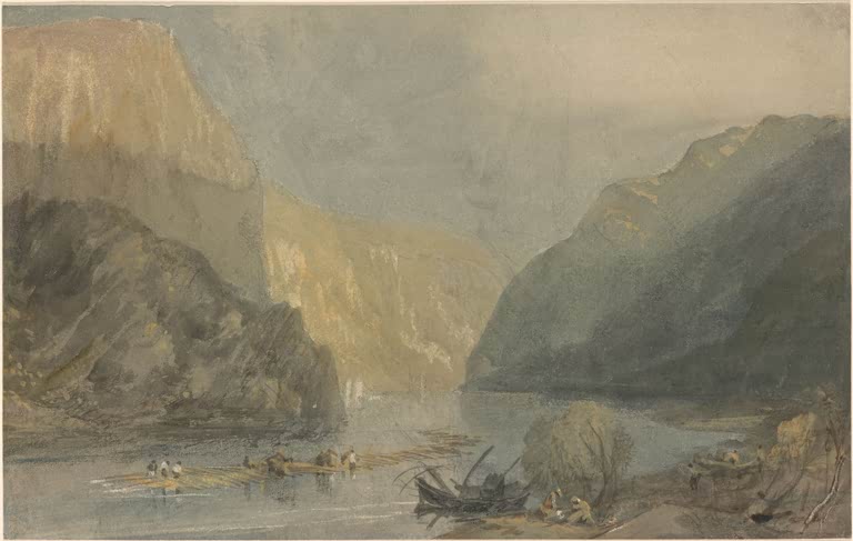 William Turner Der Lurleiberg mit Floß Kunstkopie, Rheinengpass mit hohen Felswänden und Menschen am Ufer