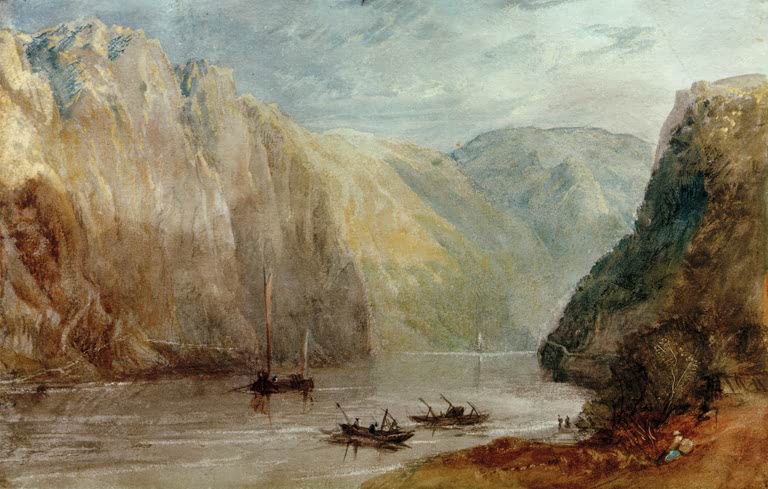William Turner Der Lurleiberg Kunstkopie, ockerfarbene Felswände über dem Rhein mit Lastkähnen und Fischerbooten