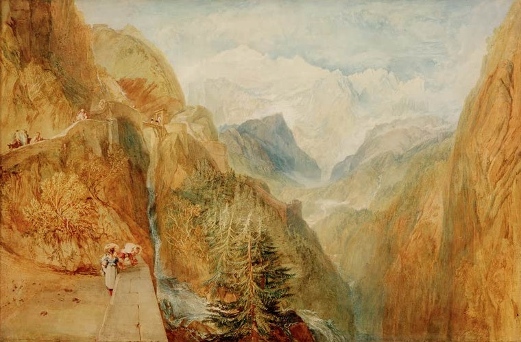 William Turner Der Montblanc von Fort Roch im Aostatal Kunstkopie, goldene Felsschlucht mit Bergpfad und Schneegipfeln