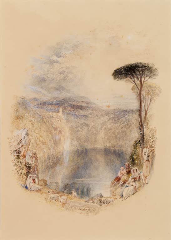 William Turner Der Nemisee Kunstkopie, Vignette mit Kratersee, Pinie und rastenden Frauen im goldenen Licht
