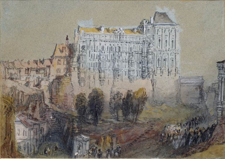 William Turner Der Palast von Blois Kunstkopie, helle Schlossfassade über Bäumen, davor eine Menschenmenge