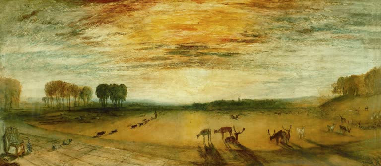 William Turner Der Park von Petworth Kunstkopie, Damwild in goldener Parklandschaft unter glühendem Abendhimmel