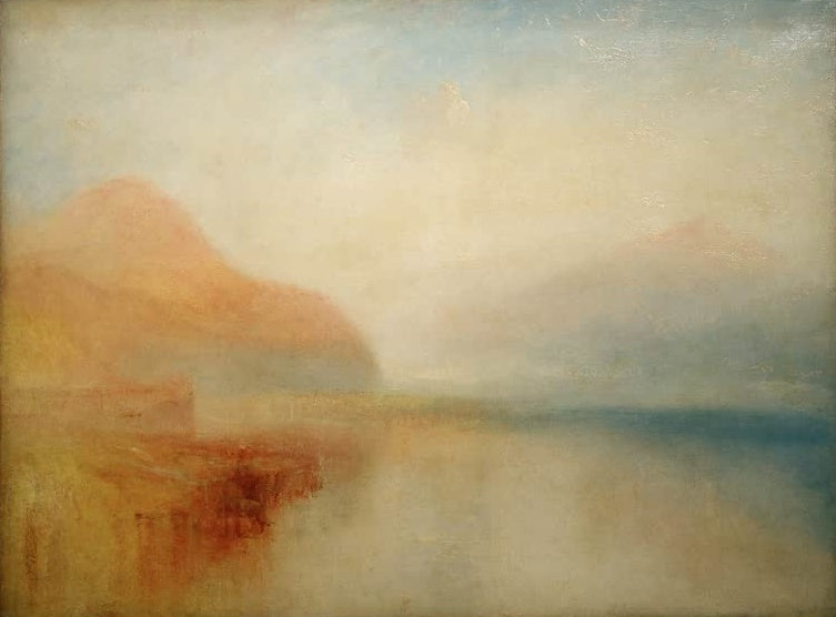 William Turner Der Pier von Inveraray, Loch Fyne: Morgen Kunstkopie, goldener Morgendunst über Hügeln und stillem See