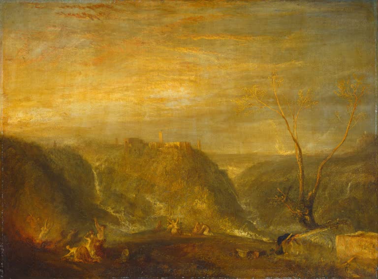 William Turner Der Raub der Proserpina Kunstkopie, goldene Landschaft mit Burg auf dem Hügel und Figuren im Vordergrund