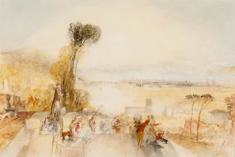 William Turner Der Thuner See Kunstkopie, Menschen auf einer Terrasse mit Blick über den hellen See und Pinien