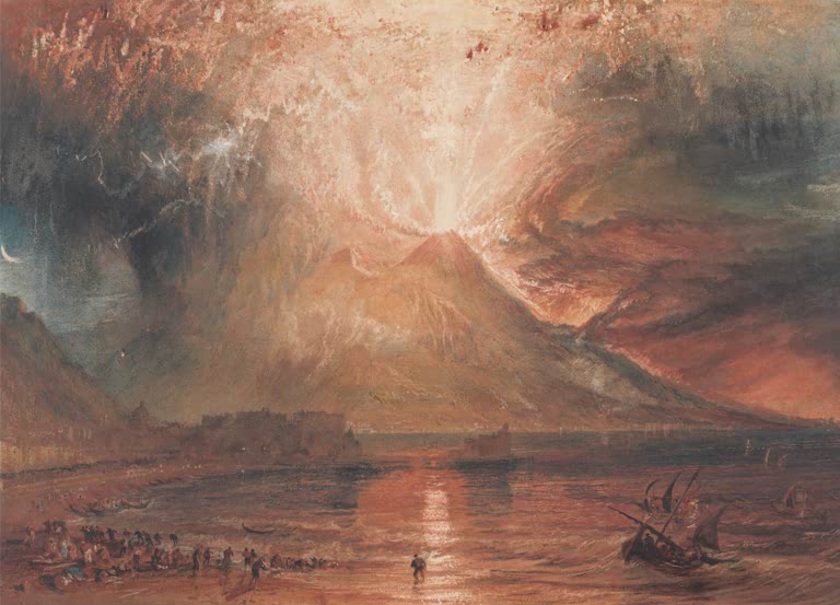 William Turner Der Vesuv im Ausbruch Kunstkopie, glühender Vulkan über Bucht mit Booten und Menschen am Ufer