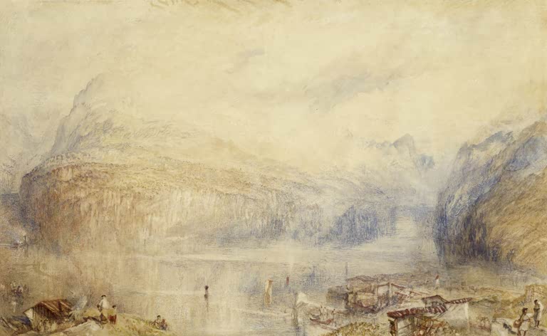 William Turner Der Vierwaldstättersee von Brunnen Kunstkopie, Felswand am Seeufer mit Booten im sanften Dunst