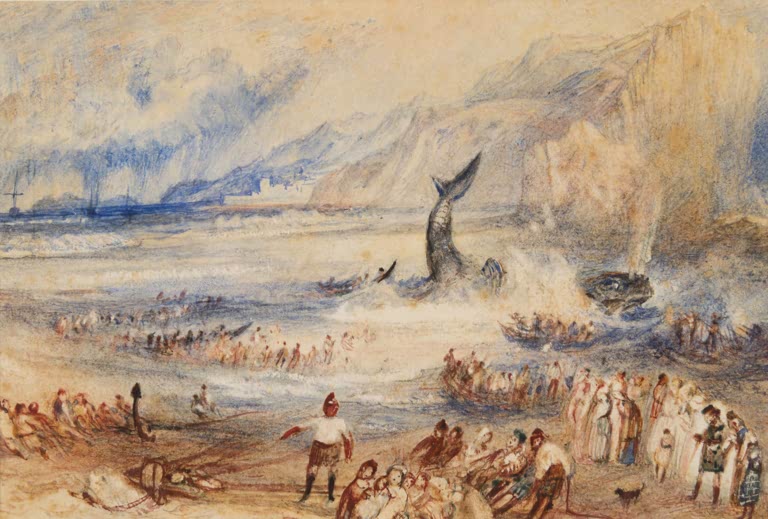 William Turner Der Wal am Strand Kunstkopie, gestrandeter Wal und Menschenmenge an einer Küste mit hohen Klippen