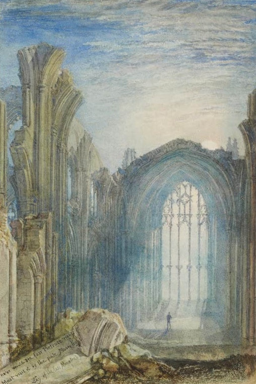 William Turner Die Abtei Melrose Kunstkopie, gotische Ruine mit hohem Maßwerkfenster im bläulichen Mondlicht