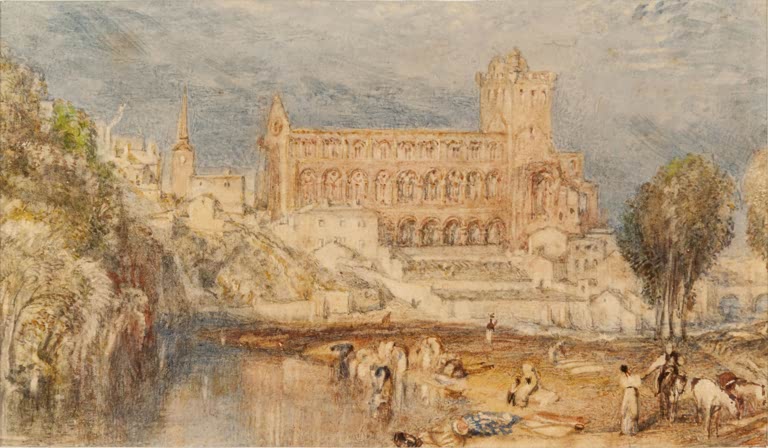 William Turner Die Abtei von Jedburgh Kunstkopie, Aquarell der Klosterruine am Fluss mit Waschfrauen und Bäumen