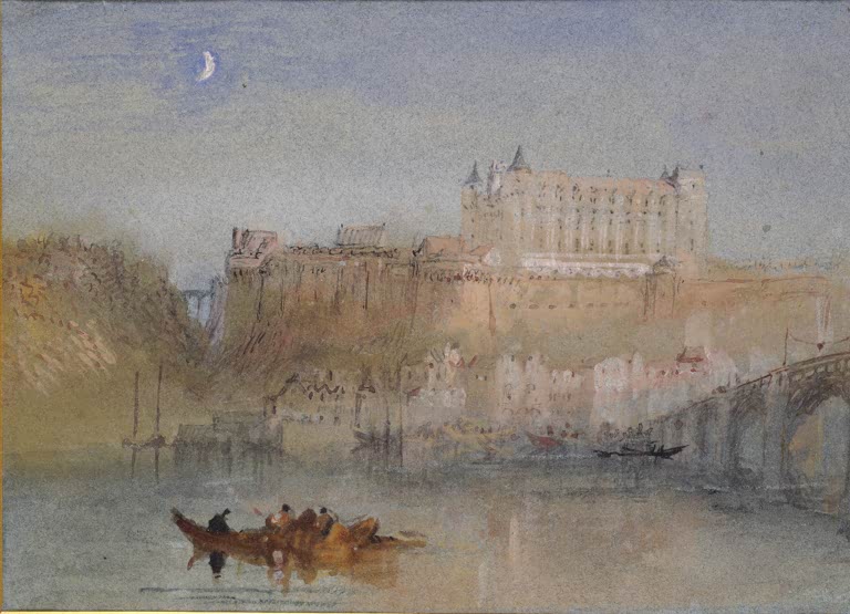 William Turner Die Brücke und das Schloss von Amboise Kunstkopie, Schloss über der Loire mit Mondsichel, Boot und Brücke