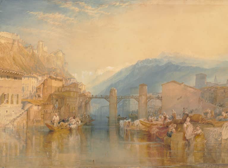William Turner Die Brücke von Grenoble Kunstkopie, goldenes Licht über Fluss, Häusern, Wäscherinnen und Bergen
