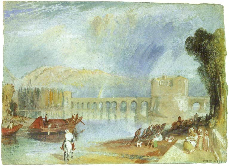 William Turner Die Brücke von Meulan Kunstkopie, Bogenbrücke mit Turm über der Seine, Lastkähne und Figuren am Ufer