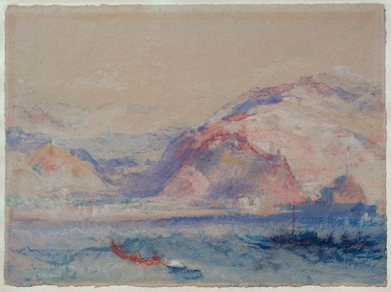 William Turner Die Bucht von Genua Kunstkopie, rosa Bergzüge über blauem Wasser mit einem roten Boot im Vordergrund