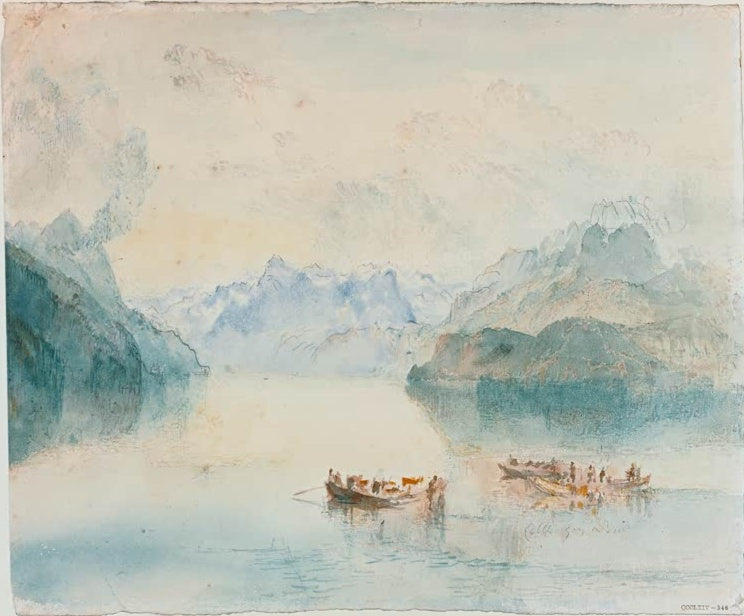 William Turner Die Bucht von Uri Kunstkopie, Aquarell mit Booten auf dem stillen Vierwaldstättersee vor blauen Bergen