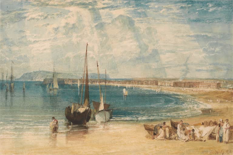 William Turner Die Bucht von Weymouth Kunstkopie, Boote und Fischerfamilien am Sandstrand der weiten Bucht