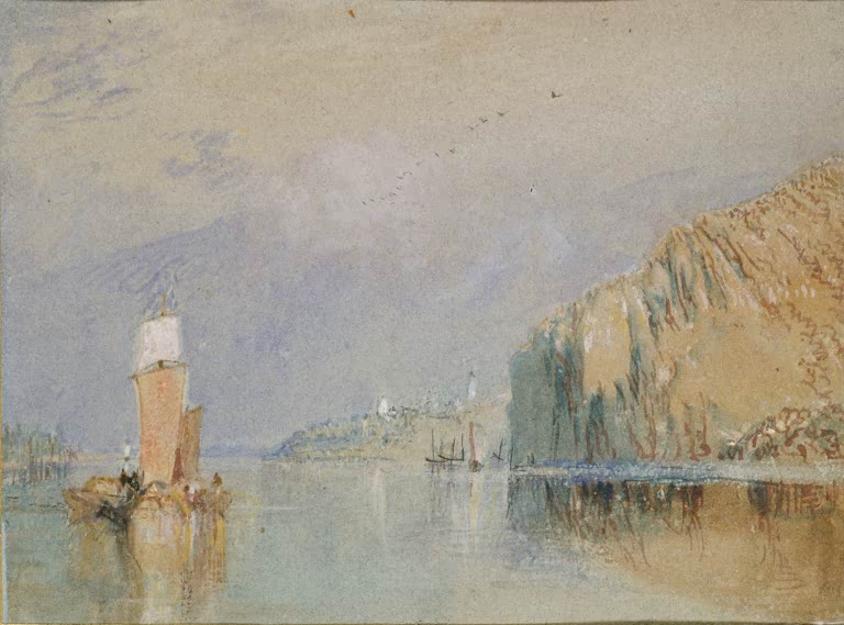 William Turner Die Coteaux de Mauves Kunstkopie, ockerfarbener Felshang, Segelboot mit rotem Segel, Vögel am Himmel