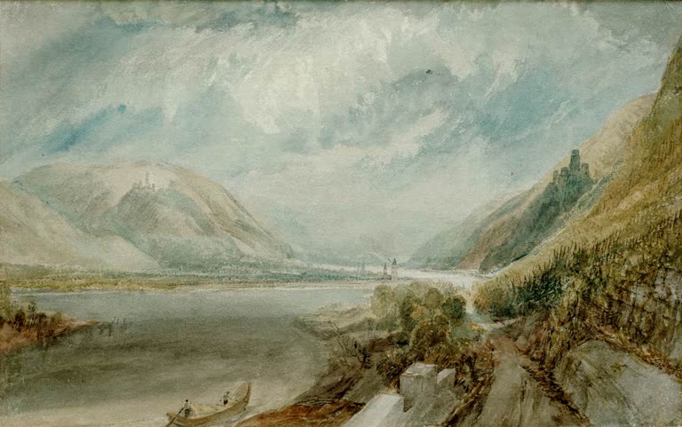 William Turner Die Einmündung der Lahn Kunstkopie, Rheintal mit Burgruine, Weinberghang, Boot und bewegtem Wolkenhimmel