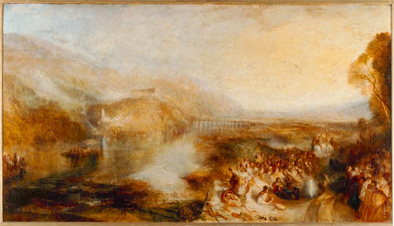 William Turner Die Eröffnung der Walhalla Kunstkopie, goldener Dunst über Donautal, Tempel auf dem Hügel und Festgesellschaft
