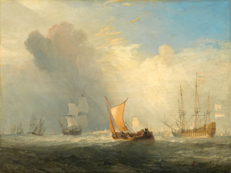 William Turner Die Fähre von Rotterdam Kunstkopie, Fährboot und Segelschiffe auf bewegter See unter hellen Wolken