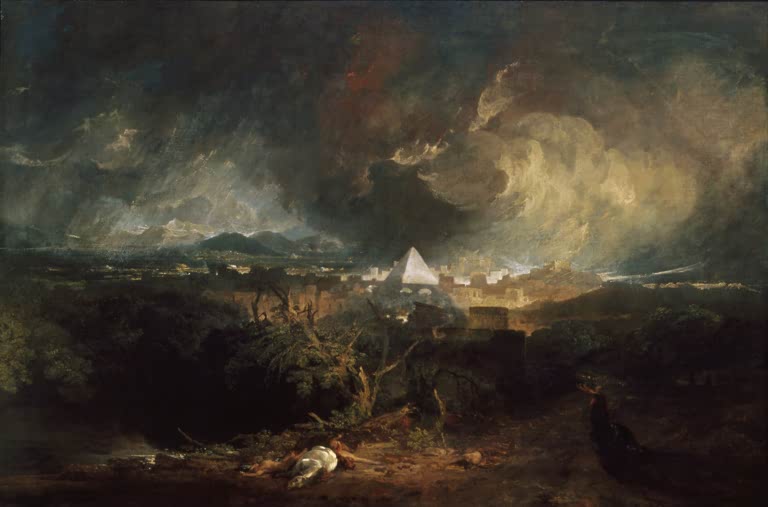 William Turner Die fünfte ägyptische Plage Kunstkopie, dunkle Sturmwolken über Pyramide und Stadt mit totem Vieh