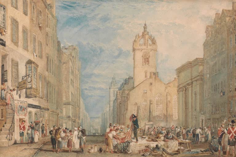 William Turner Die High Street in Edinburgh Kunstkopie, belebte Altstadtstraße mit Markt und Kirchturm