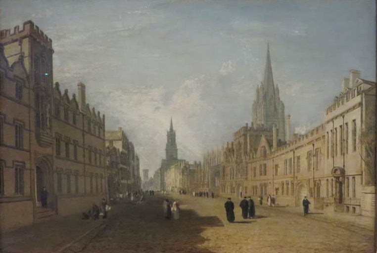 William Turner Die High Street in Oxford Kunstkopie, Straße mit Colleges, Kirchturm und Passanten in Talaren
