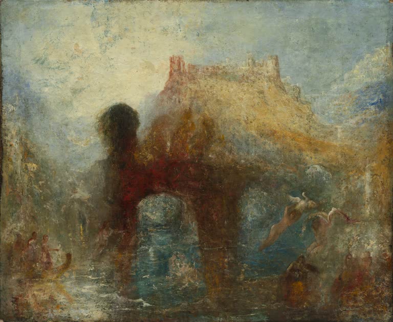 William Turner Die Höhle der Königin Mab Kunstkopie, Felsbogen mit Burg, schwebende Feenfiguren in goldenem Dunst