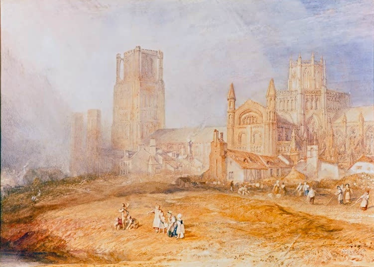 William Turner Die Kathedrale von Ely Kunstkopie, Aquarell mit gotischen Türmen und spielenden Kindern auf einem Feld