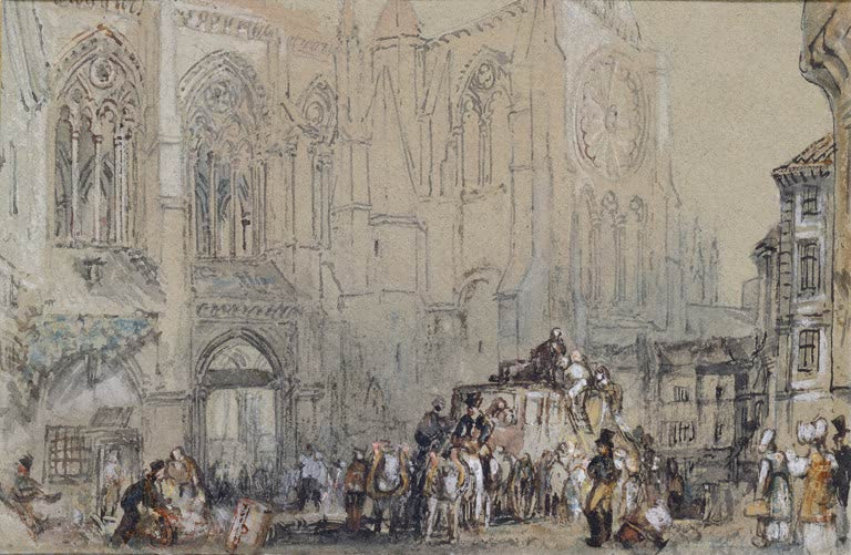 William Turner Die Kirche Saint-Julien in Tours Kunstkopie, gotische Fassade mit Rosette und haltender Postkutsche