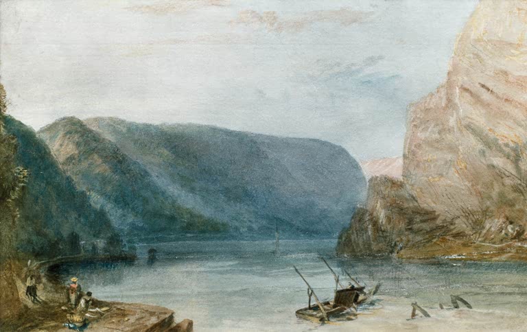 William Turner Die Lorelei am Rhein Kunstkopie, blaugraue Rheinlandschaft mit Felswand, Booten und Rastenden am Ufer