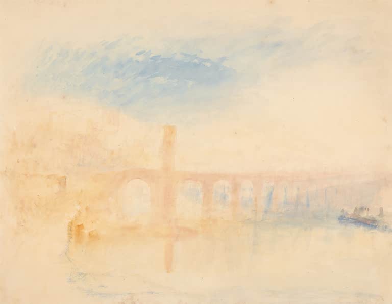 William Turner Die Moselbrücke in Koblenz Kunstkopie, Bogenbrücke in Orange vor blauem Pinselhimmel und Dampfschiff