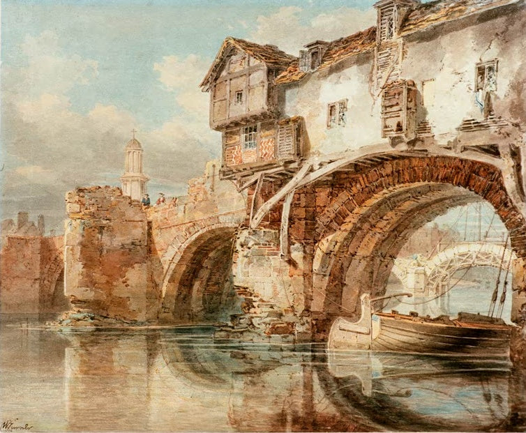 William Turner Die Old Welsh Bridge in Shrewsbury Kunstkopie, Aquarell der Steinbrücke mit Fachwerkhaus und Boot im Wasser
