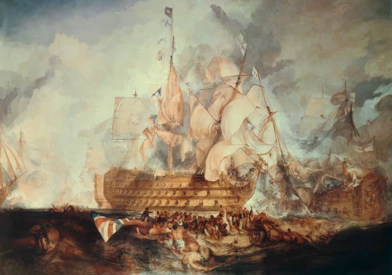 William Turner Die Schlacht bei Trafalgar, Greenwich Kunstkopie, zerfetzte Segel, Pulverdampf und Schiffbrüchige
