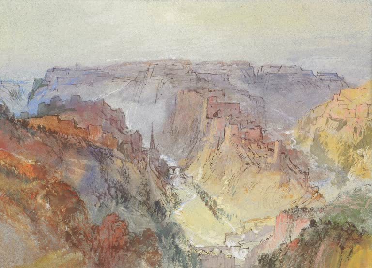William Turner Die Stadt Luxemburg vom Fetschenhof Kunstkopie, Felsen und Befestigungen in Rot, Ocker und Violett